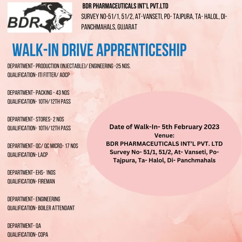 BDR Pharmaceuticals - Walk-In Drive for FRESHERS in Production, QA, QC, QC-Micro, EHS, Stores, Packing, Engineering on 5th Feb 2024